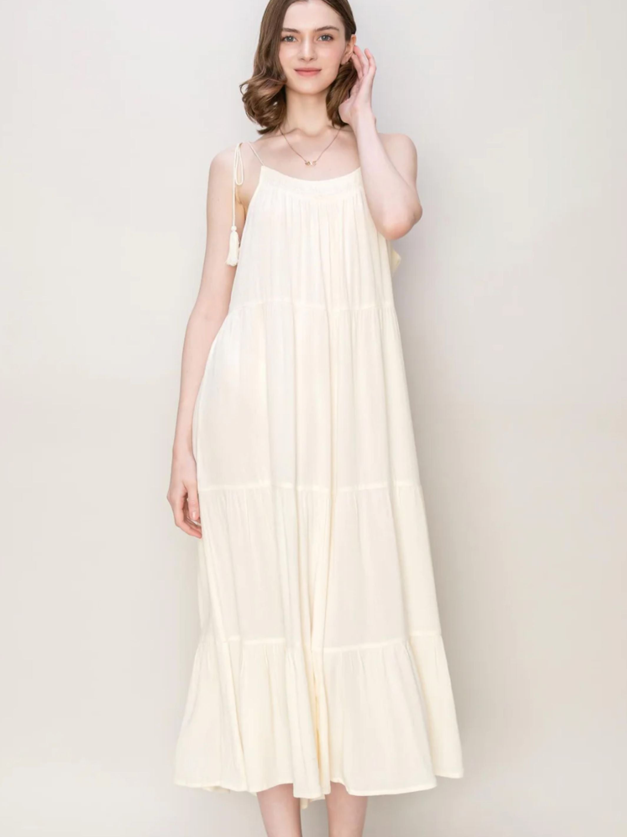 JOSE MOON TENT LINE DRESS ホワイト White Linen Tent Dress With Side Buttons - Long Sleeves (3