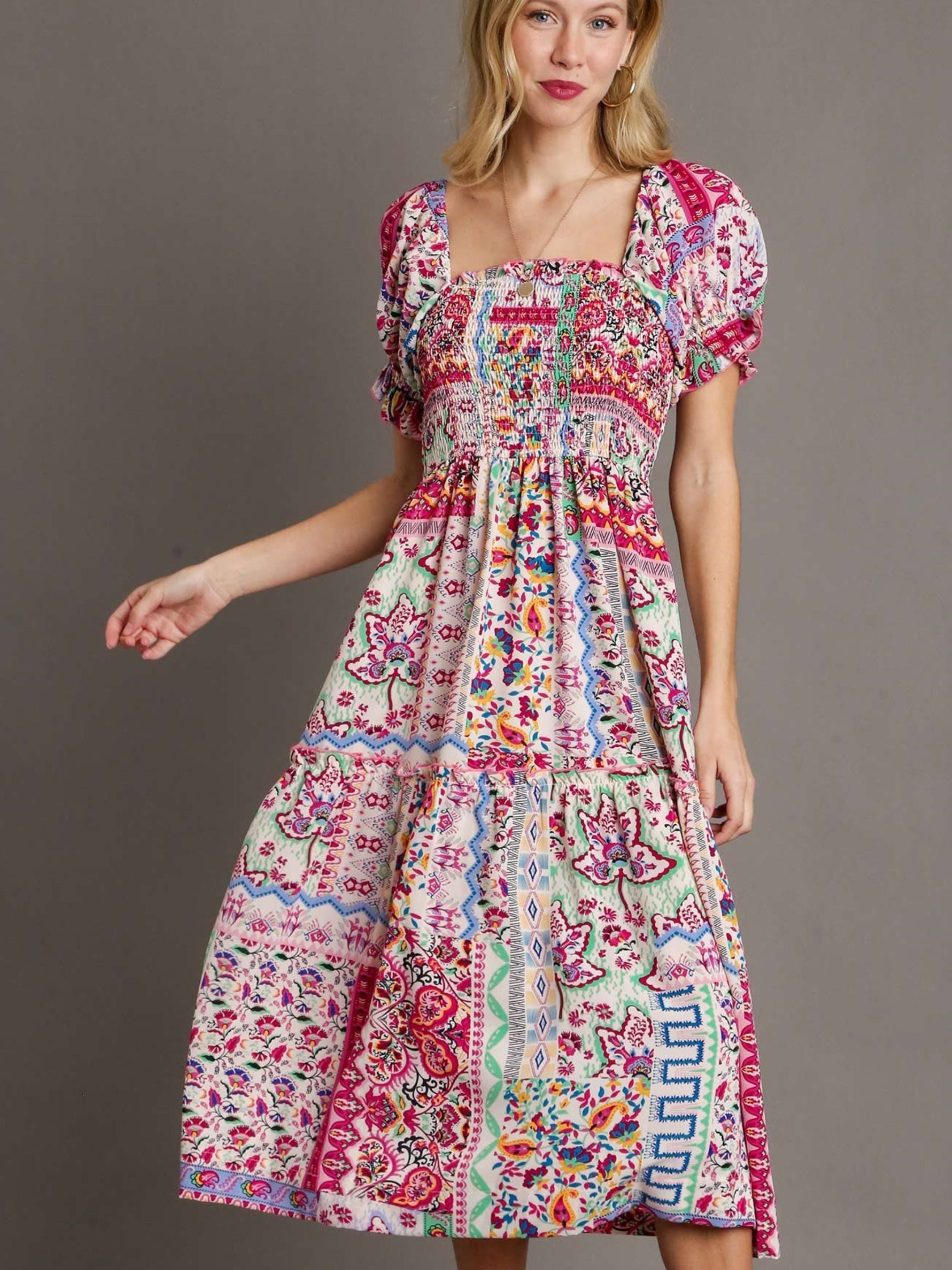 SQUARE NECK SMOCKING FLORAL PRINT DRESS main image 0