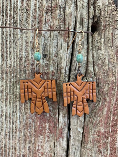 J.Forks Designs Leather Thunderbird Earrings with Turquoise