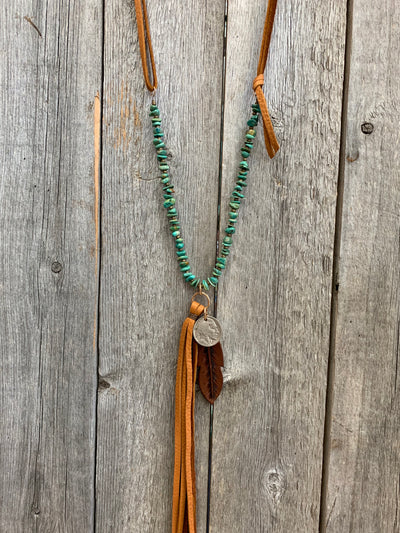 J.Forks Designs 28" Kingman Chip Turquoise Necklace with Buffalo Nickel, Brown Hand Tooled Leather Feather and Cognac Leather Tassel and Back