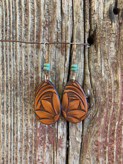 Hand Tooled Leather Sunflower Teardrop Earrings with Turquoise