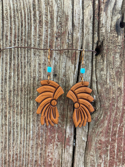 Hand Tooled Natural Leather Headdress and Turquoise Earring