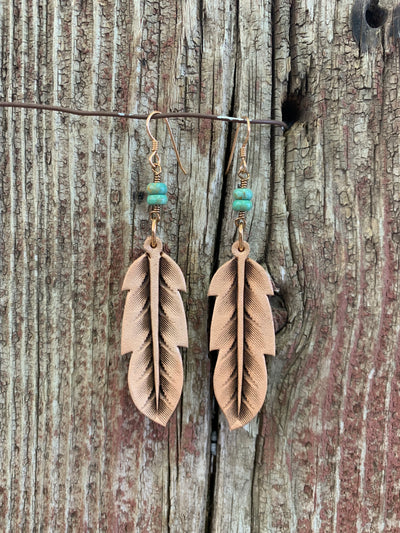 Hand Tooled Leather Feather Earring with Turquoise in Light Natural