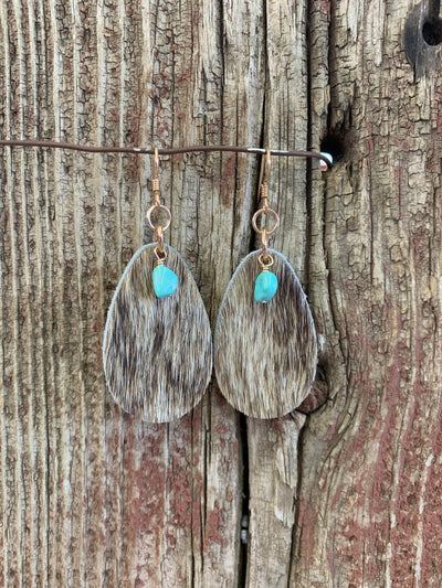 J.Forks Designs Cowhide Teardrop with Turquoise Dangle Earrings