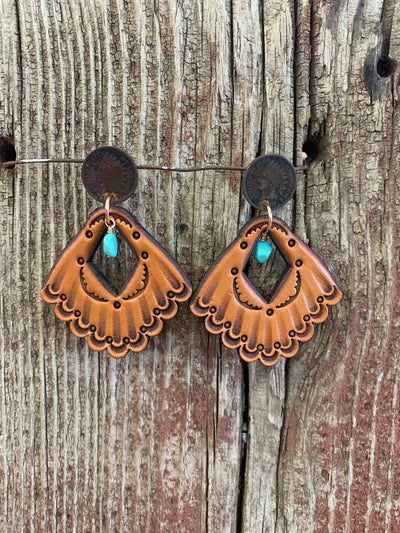J.Forks Designs Indian Head Penny Stud with Hand Tooled Cut Out Natural Leather Fan with Turquoise Drop Earring
