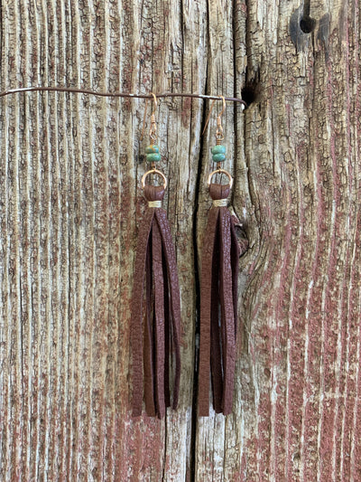 J.Forks Designs Leather Tassel Earring in Chocolate and Turquoise