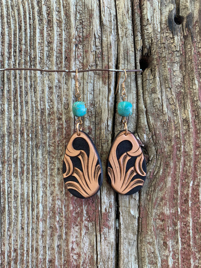 J.Forks Designs Scroll Two Tone Black and Light Natural Hand Tooled Leather Teardrops with Kingman Turquoise and Solid Bronze French Wire Earrings