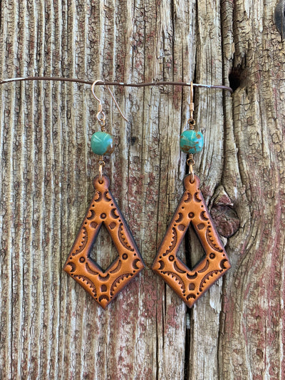 J.Forks Designs Hand Tooled Leather Diamond Cut Out Diamond with Kingman Turquoise and Solid Bronze French Wire Earrings
