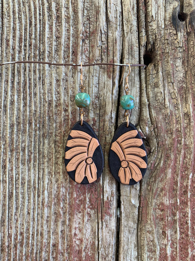 Two Tone Black and Light Natural Hand Tooled Leather Headdress Teardrops with Kingman Turquoise and Solid Bronze French Wire Earrings