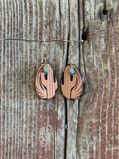 Two Tone Black and Light Natural Hand Tooled Teardrop Saguaro with Kingman Turquoise and Solid Bronze French Wire Earrings