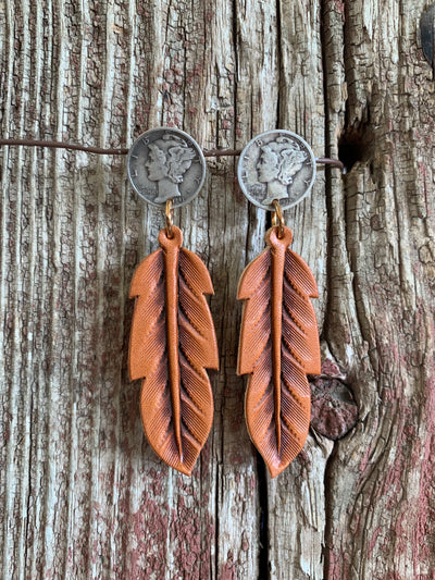 Mercury Dime Studs with Hand Tooled Natural Leather Feather Earrings