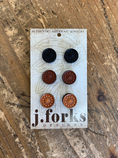 J.Forks Designs Leather Stud Earrings 3 Pack.  1 Black Pair, 1 Chocolate Pair, and 1 Natural Pair