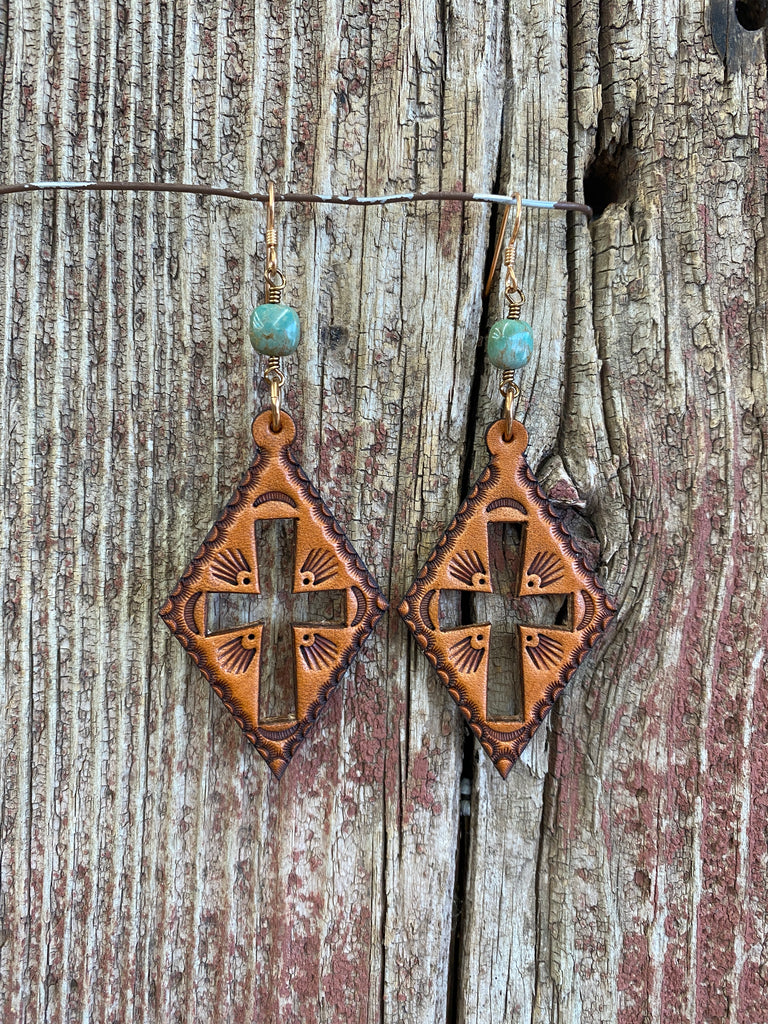 17164 Diamond Cut Out Cross Leather Earrings