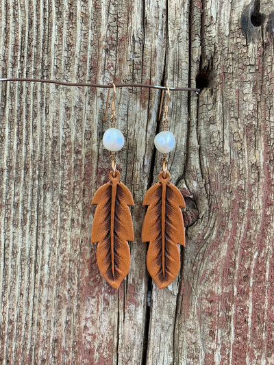 Medium Tooled Leather Feather Earrings with Pearl.