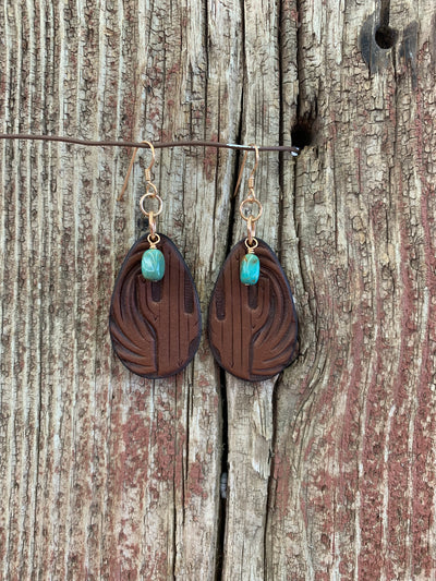 J.Forks Designs Leather Teardrop Saguaro and Turquoise Earrings in Chocolate