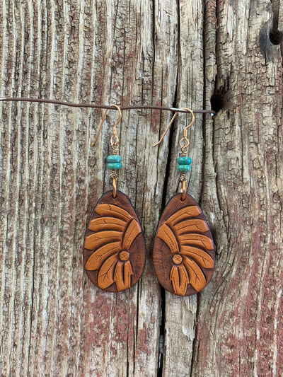 J.Forks Designs Natural Leather Headdress Teardrop Earrings with Kingman Turquoise