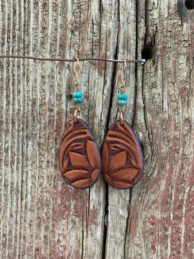 Leather Sunflower Teardrop Earrings with Turquoise in Chestnut