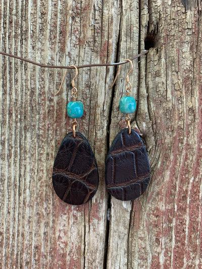 J.Forks Designs American Alligator Teardrops and Turquoise Earrings with Solid Bronze French Wires.